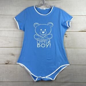 Adult Baby One Piece Bodysuit Sz L MOMMY'S LITTLE BOY! Blue Snap Crotch Short Sl
